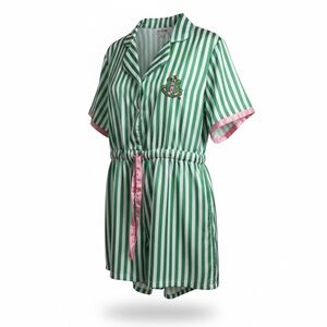Green and White Striped AKA Pajama Romper with Pink Accents